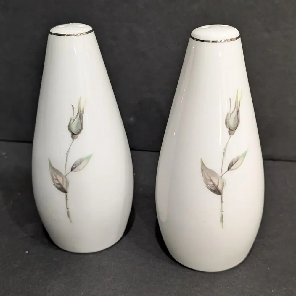 Salt and Pepper Shakers Vintage MCM Japan Porcelain Rosebud Platinum Trim 4.25”